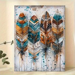 Boho Tribal Watercolor Feathers Splash Ink Canvas, Bohemian Entryway Wall Art