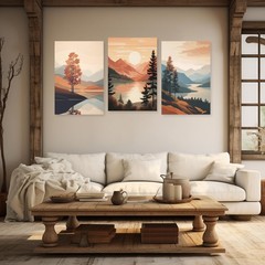 Boho Canvas Wall Art 3 Piece Minimalist Bohemia Picture Sunrise Mountain Tree…