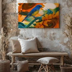 Blue Bird on Sunflower Canvas Wall Art Vibrant Nature Floral Wildlife Print