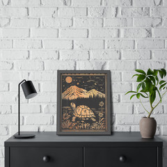Vintage TURTLE MOON FLOWER Wall Art, Tortoise Mountain Botanical Celestial Decor