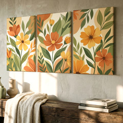 3 Pieces Floral Botanical Earth Tones Large Wall Art Set for Living Set Of 3
