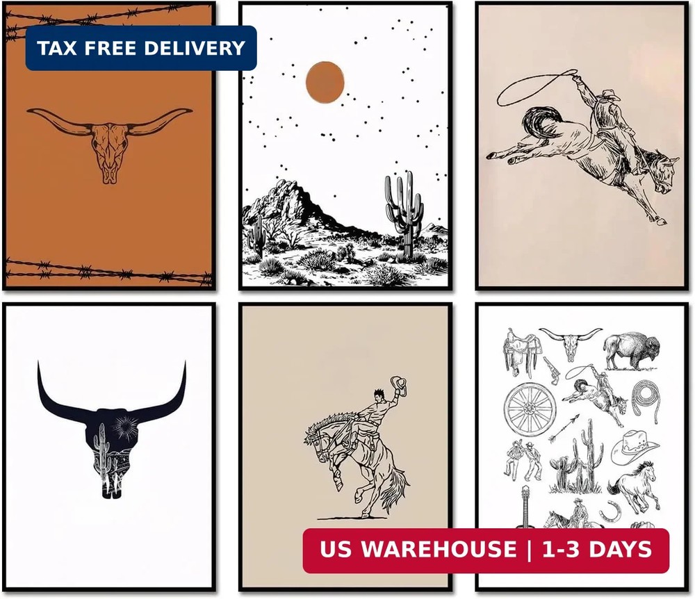 Vintage Western Cowboy Poster Set of 6, Southwestern Wall Art Longhorn Bull Skul