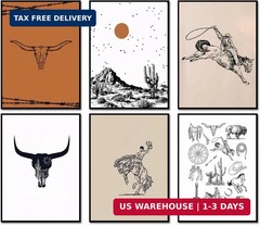 Vintage Western Cowboy Poster Set of 6, Southwestern Wall Art Longhorn Bull Skul
