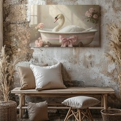 Canvas Wall Art a Swan Sitting in a Vintage Bathtub Adorned with a Large Pink
