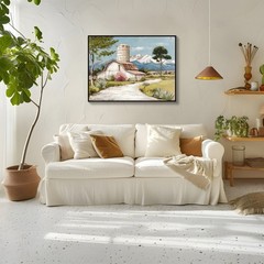 Framed Rustic Farmhouse Canvas Wall Art Beautiful Field Painting Wildflower Barn
