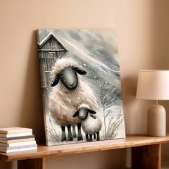 Wall Art Winter Sheep Lamb Canvas Print Rustic Farmhouse Animal Painting Decor
