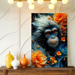 Monkey Portrait Orange Flowers Blue Abstract Animal Wall Art House Rustic Decor