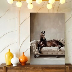 Wall Art Brown Horse on Tufted Sofa Canvas Print Rustic Farmhouse Home Decor