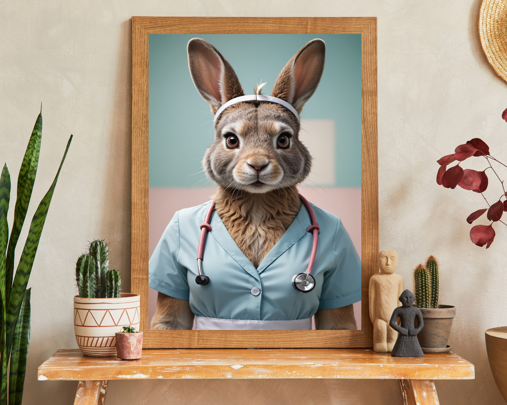 Nurse Rabbit Portrait, Animal Portrait, Realistic Animal Portrait, Wall Art