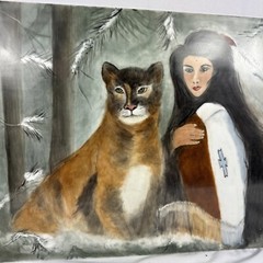 SIGNED Native American Girl And Lion Nature Painting On Ceramic Tile 16×12 in
