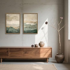 Framed 2Pcs Green Abstract Wall Art with Wood Frame Rustic Landscape Canvas P…