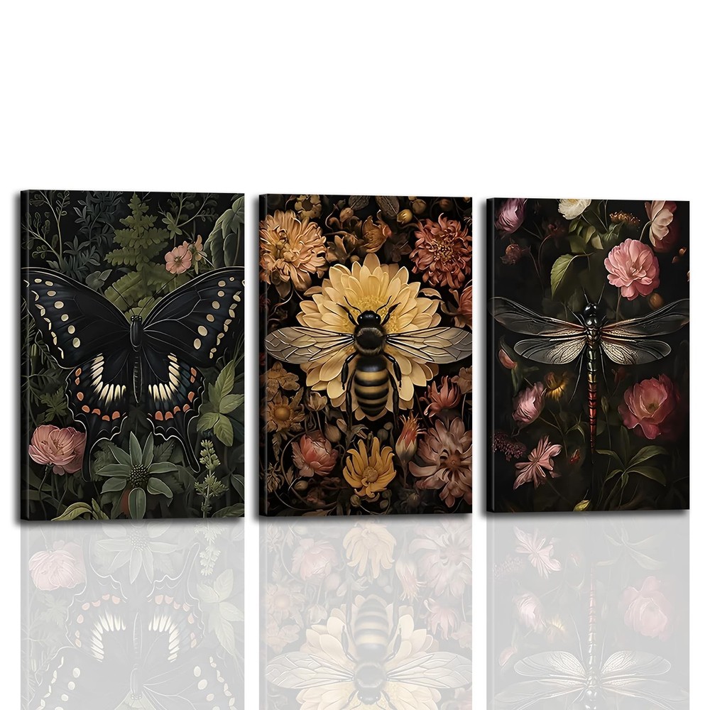 3pcs Framede Gothic Dark Floral Canvas Wall Art Vintage Butterfly Dragonfly B…