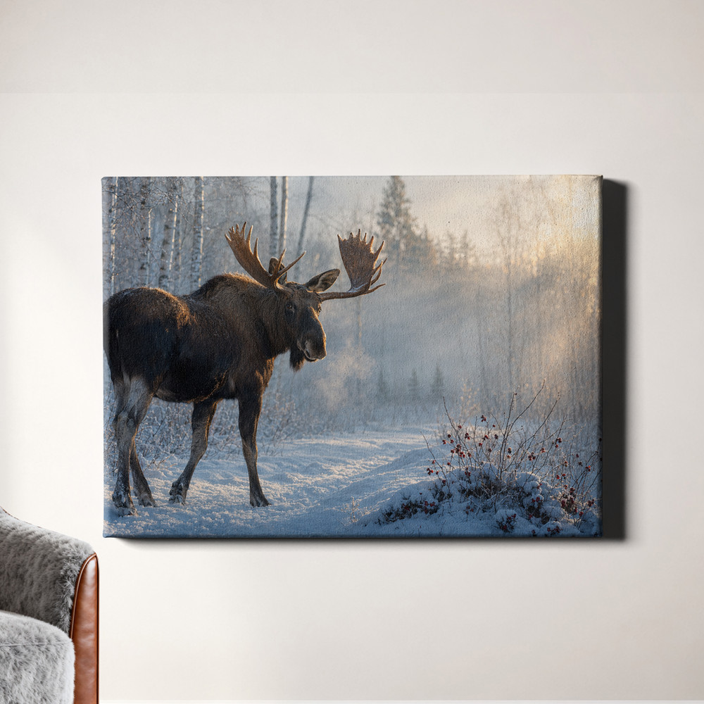 Moose in snowy birch forest at sunrise Wall Art wildlife woodland scene