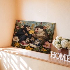 Cute baby monkeys with colorful sneakers and flowers canvas wall art decor print