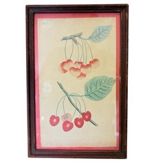 Vintage 1940s Wood Framed Print of Cherries Branch Farmhouse Cottage Wall Decor