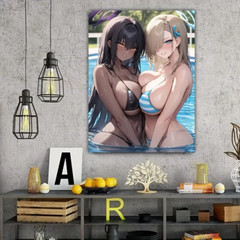 anime girls black and white bikini pool 15.75×23.62in poster