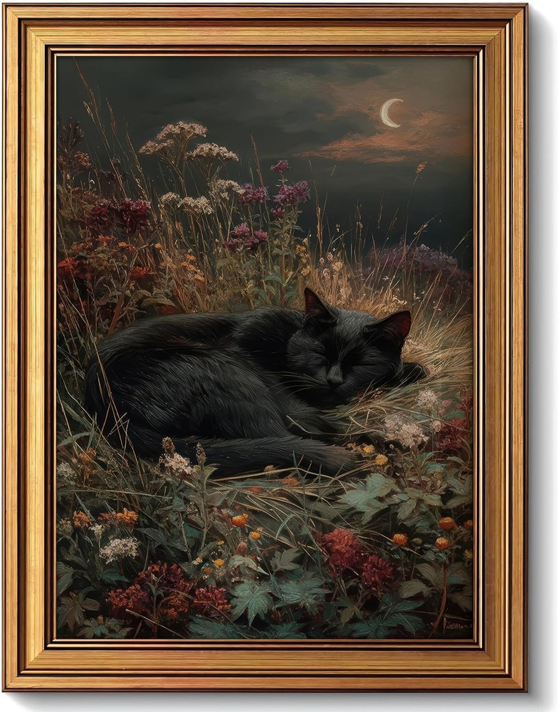 Black Cat Wall Art Decor, Vintage Gold Framed Sleeping Cat Canvas Print, Dark…