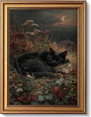 Black Cat Wall Art Decor, Vintage Gold Framed Sleeping Cat Canvas Print, Dark…