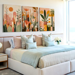 3 Pieces Abstract Botanical Earth Tones Geometric Shapes Large Wall Art Decor