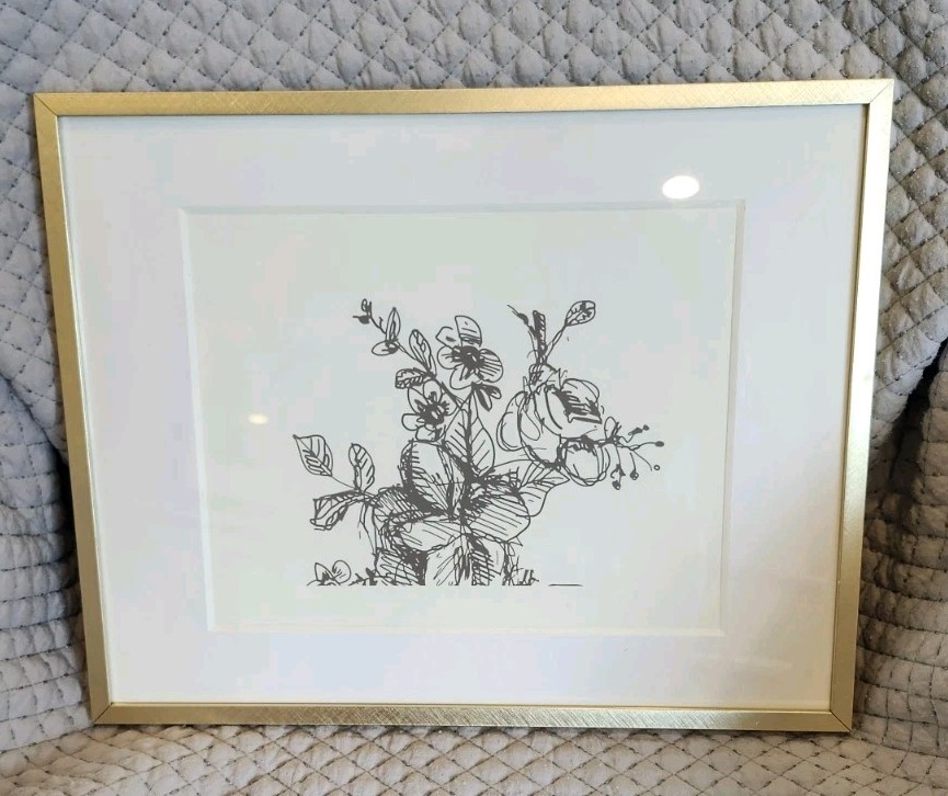 Black and White Floral Bouquet line Drawing Gold Metallic Frame, 14.25 X 11.25