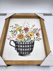 Spring Floral Checked Tea Cup Wood Framed Picture – HL Brand 8×10 in.