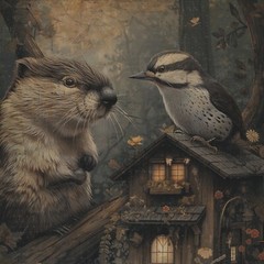 BEAVER WOODPECKER Woodworking Wall Art, Animal Friend Teamwork Botanical Poster