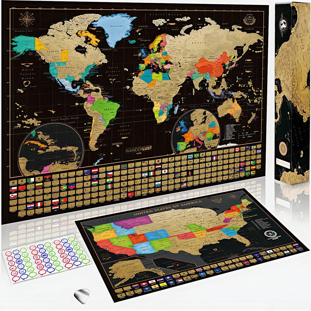 Two Scratch-Off Maps: World Map 17×24″ + USA Map – Deluxe Travel Posters – Co…