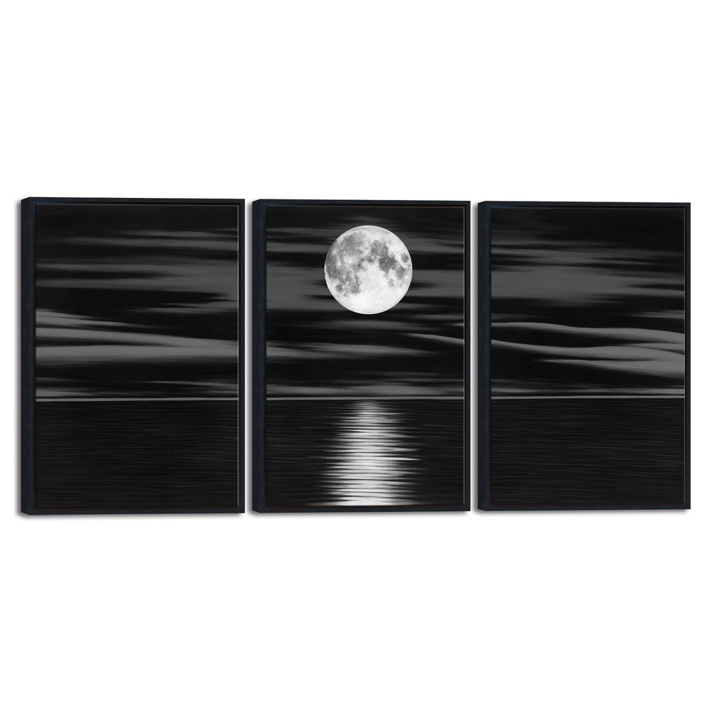 Framed 3 Panel Sea White Full Moon Black and White Ocean Beach Canvas Wall Art