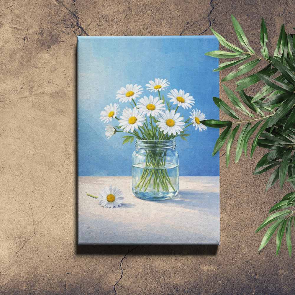 Daisy Still Life Blue Glass Jar Painting Framed Canvas Wall Art 12x18inch