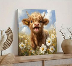 Highland Cow Baby Daisies Canvas Wall Art, 12x12in