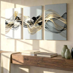 3 Pieces Modern Abstract Flowing Lines Black Gold Large Wall Art for Set Of 3