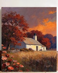 Autumn Cottage Oil Painting Canvas Print Rustic Farmhouse Forest Country Wall