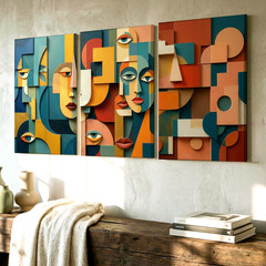 3 Pieces Abstract Geometric Faces Large Wall Art Set for Bedroom Set Of 3