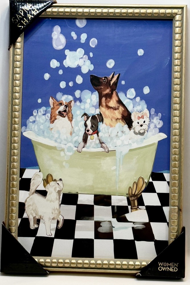 Sapna Shah Framed Wall Art “Dogs in A Bubble Bath” Giclée Print 18”x 12” NEW