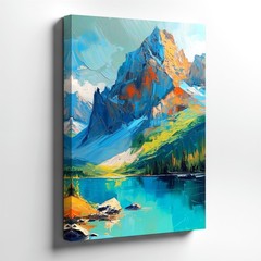 Wall Art Abstract Mountain Lake Landscape Canvas Print Blue Green Nature Decor
