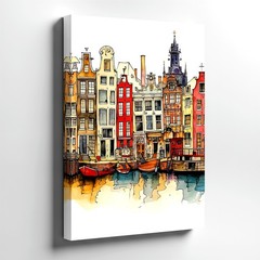Wall Art Colorful Canal Houses Print Waterfront Cityscape Sketch Painting Decor