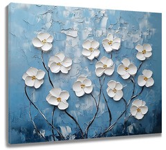 Watercolor Plant White Flower on Blue Canvas Wall Art for Bathroom Living Room
