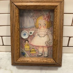 Vintage Framed Paper Doll Shadow Box Art Girl Dress Teacup Decor 8×10