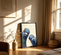 Framed Whimsical Pigeon Wall Art, Blue Birds Oil Painting Canvas Prints, Funn…
