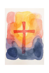 Christian Cross Watercolor Red Yellow 4×6 Photo Print Religious Wall Art Decor