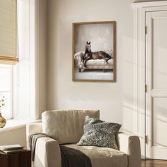 Framed Funny Horse Canvas Wall Art, Vintage Western Brown Horse On Sofa Pictures