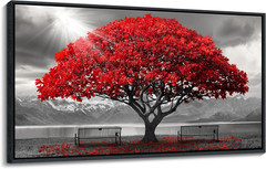 Modern Red Tree Wall Art – Framed Canvas for Living Room & Bedroom 29x58IN