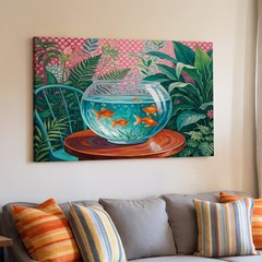 Goldfish in Glass Bowl Tabletop Tropical Plants Canvas Wall Art Print Decor