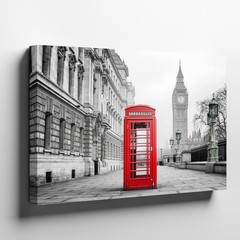 London Red Telephone Booth and Big Ben Black and White Canvas Wall Art Print