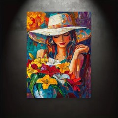 Framed Canvas Thick Paint Lady Wide Hat Color Lily Flower Abstract Decor