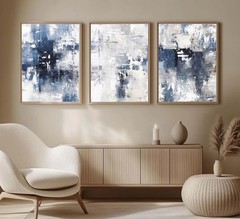 3 Pcs Navy Blue Abstract Canvas Wall Art Modern Minimalist Neutral White Blue…