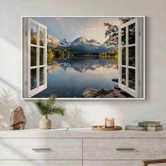 Framed Nature Window Landscape Wall Art, Horizontal Mountain Lake Canvas Artw…