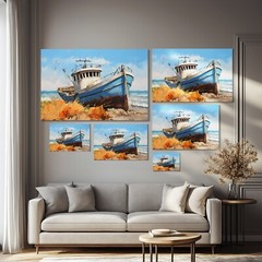 Old Fishing Boat Coastal Painting Print on Framed Canvas, Nautical Coastal Decor