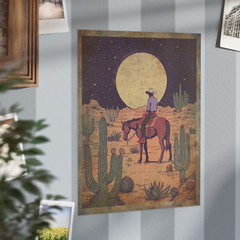 Vintage WESTERN COWBOY MOON Wall Art, Celestial Americana Desert Cactus Decor