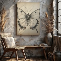 Wall Art Canvas a Detailed Monochrome Sketch of a Butterfly Drawn with Precise